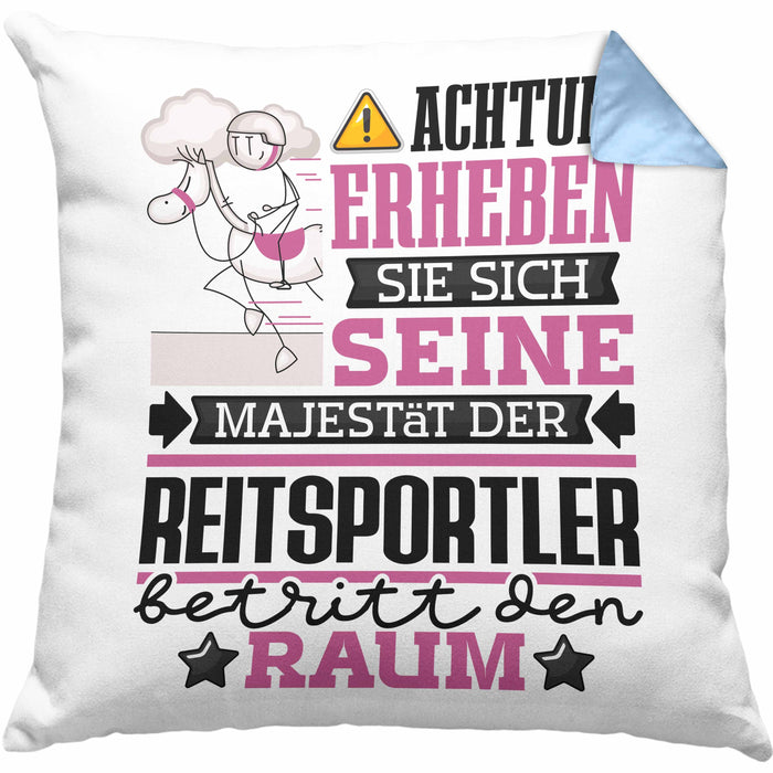 Reitsportler Geschenk Kissen mit Füllung 40x40 Lustiger Spruch Erheben Sie Sich Der Reitsportler Betritt den Raum (Grau) Blau Trendation