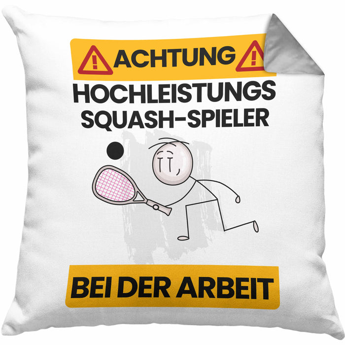 Squash-Spieler Kissen mit Füllung 40x40 Geschenk Lustiger Spruch Geschenkidee für Squash-Spieler Achtung Hochleistungs Squash-Spieler Bei Der Arbeit (Grau) Grau Trendation