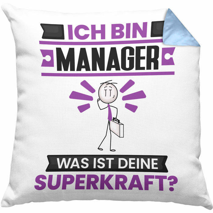 Manager Kissen mit Füllung 40x40 Geschenk für Manager Geburtstag Lustiger Spruch Was Ist Deine Superkraft (Grau) Blau Trendation