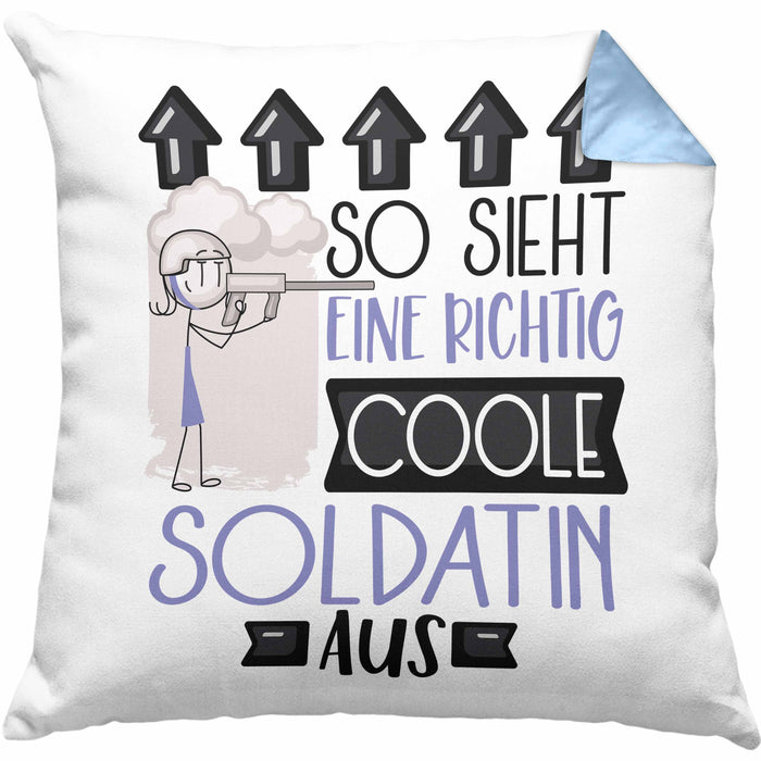 Soldatin Geschenk Kissen mit Füllung 40x40 Geschenkidee für Soldatin Geburtstag Weihnachten Spruch So Sieht Eine Richtig Coole Soldatin Aus (Grau) Blau Trendation