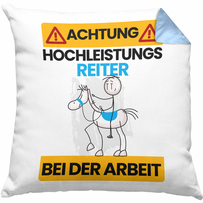 Reiter Kissen mit Füllung 40x40 Geschenk Lustiger Spruch Geschenkidee für Reiter Achtung Hochleistungs Reiter Bei Der Arbeit (Grau) Blau Trendation