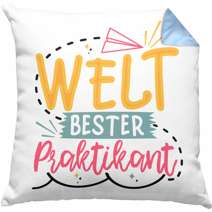 Praktikant Kissen mit Füllung 40x40 Geschenk Für Praktikanten Geschenkidee Welt Bester Praktikant (Grau) Blau Trendation