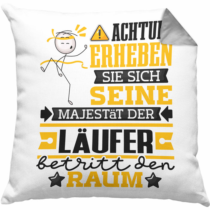Läufer Geschenk Kissen mit Füllung 40x40 Lustiger Spruch Erheben Sie Sich Der Läufer Betritt den Raum (Grau) Grau Trendation