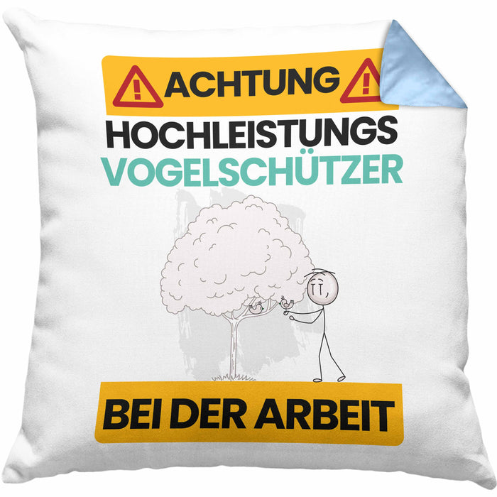 Vogelschützer Kissen mit Füllung 40x40 Geschenk Lustiger Spruch Geschenkidee für Vogelschützer Achtung Hochleistungs Vogelschützer Bei Der Arbeit (Grau) Blau Trendation