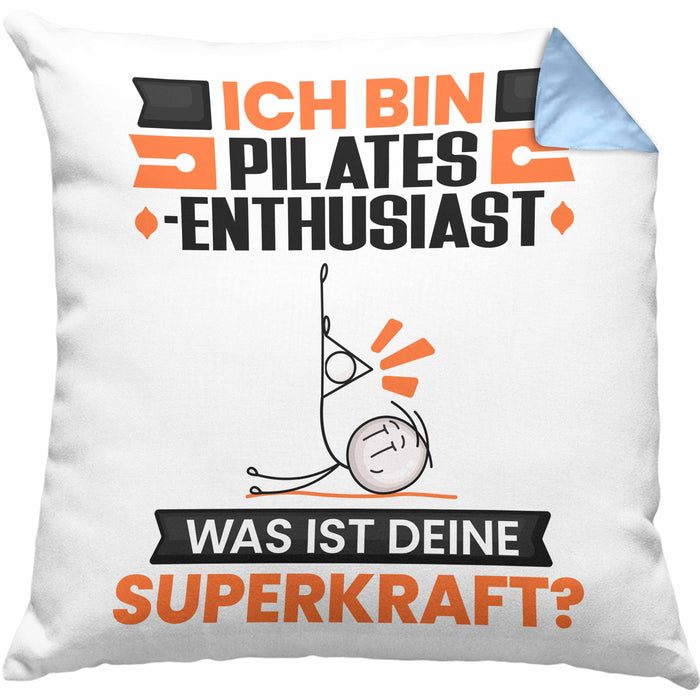 Pilates-Enthusiast Kissen mit Füllung 40x40 Geschenk für Pilates-Enthusiast Geburtstag Lustiger Spruch Was Ist Deine Superkraft (Grau) Blau Trendation