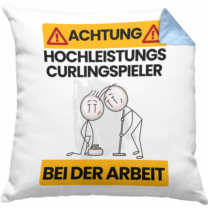 Curlingspieler Kissen mit Füllung 40x40 Geschenk Lustiger Spruch Geschenkidee für Curlingspieler Achtung Hochleistungs Curlingspieler Bei Der Arbeit (Grau) Blau Trendation