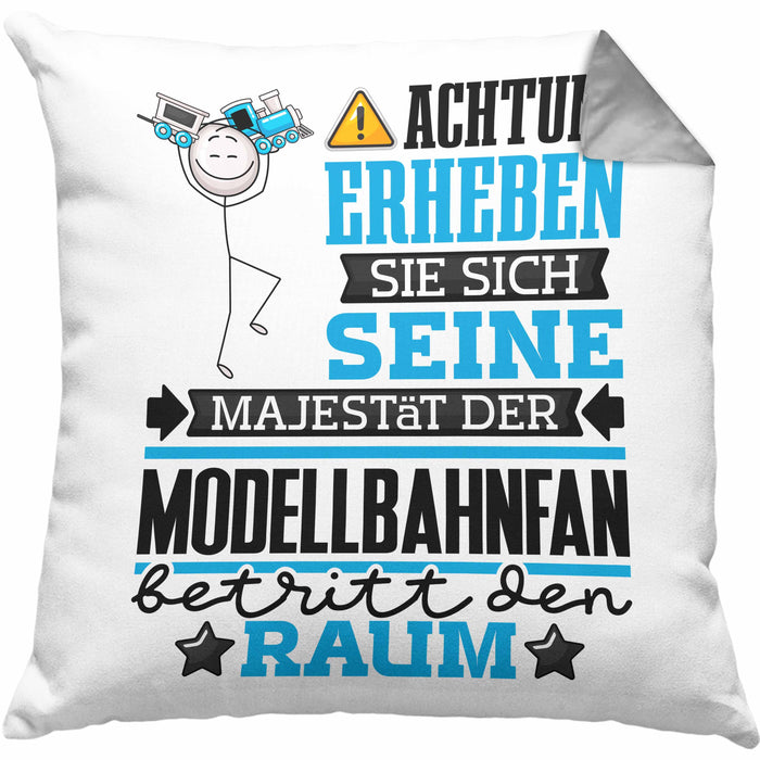 Modellbahnfan Geschenk Kissen mit Füllung 40x40 Lustiger Spruch Erheben Sie Sich Der Modellbahnfan Betritt den Raum (Grau) Grau Trendation