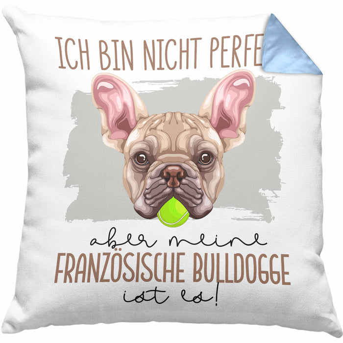 Französische Bulldogge Besitzer Kissen mit Füllung 40x40 Geschenk Lustiger Spruch Geschenkidee Besitzerin Ich Bin Nicht toll Aber Mein Französische Bulldogge Ist Es (Grau) Blau Trendation