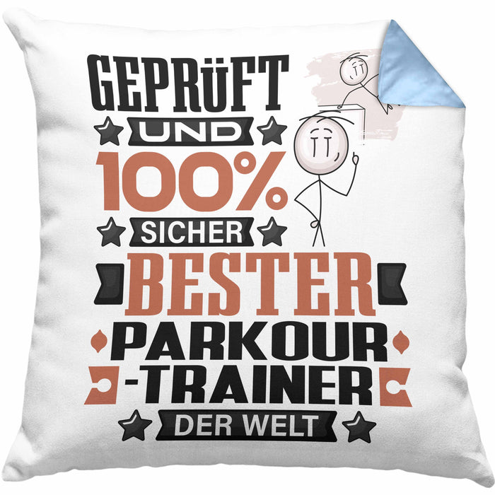 Parkour-Trainer Geschenk Lustiger Spruch für Parkour-Trainer Geschenkidee Bester Parkour-Trainer Der WeltKissen mit Füllung 40x40 (Grau) Blau Trendation