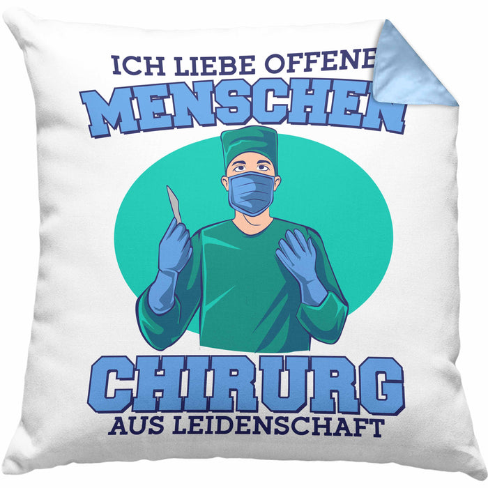 Lustige Chirurg-Kissen mit Füllung 40x40 "Ich liebe offene Menschen" Geschenk für Chirurgen (Grau) Blau Trendation