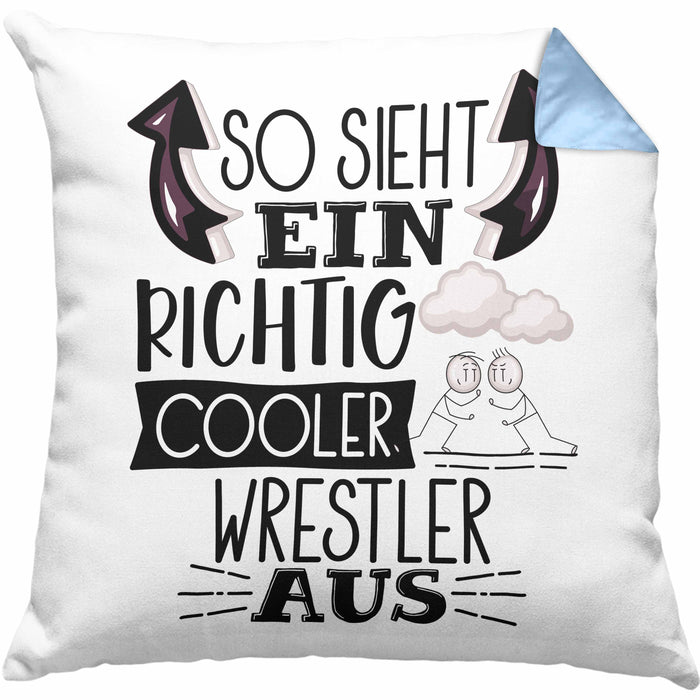 So Sieht Ein Richtig Cooler Wrestler Aus Geschenk Kissen mit Füllung 40x40 Lustiger Spruch Geschenkidee (Grau) Blau Trendation