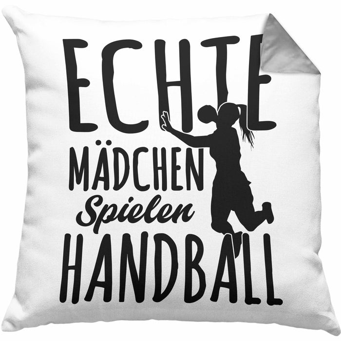 Mädchen Handball-Spielerin Kissen mit Füllung 40x40 Geschenk Spruch Echte Mädchen Spielen Handball Geschenkidee Frauen (Grau) Grau Trendation