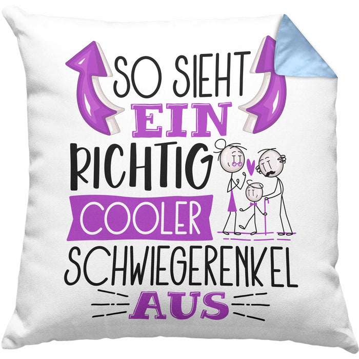 Schwiegerenkel Kissen mit Füllung 40x40 Geschenk So Sieht Ein RIchtig Cooler Schwiegerenkel Aus Geschenkidee Lustiger Spruch Geburtstag (Grau) Blau Trendation