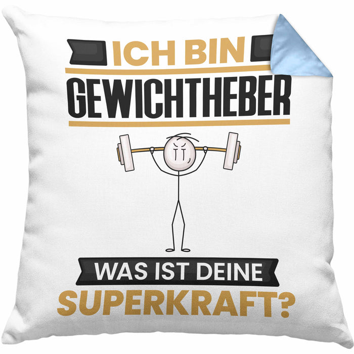 Gewichtheber Kissen mit Füllung 40x40 Geschenk für Gewichtheber Geburtstag Lustiger Spruch Was Ist Deine Superkraft (Grau) Blau Trendation