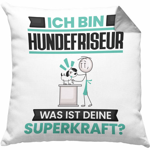 Hundefriseur Kissen mit Füllung 40x40 Geschenk für Hundefriseur Geburtstag Lustiger Spruch Was Ist Deine Superkraft (Grau) Grau Trendation