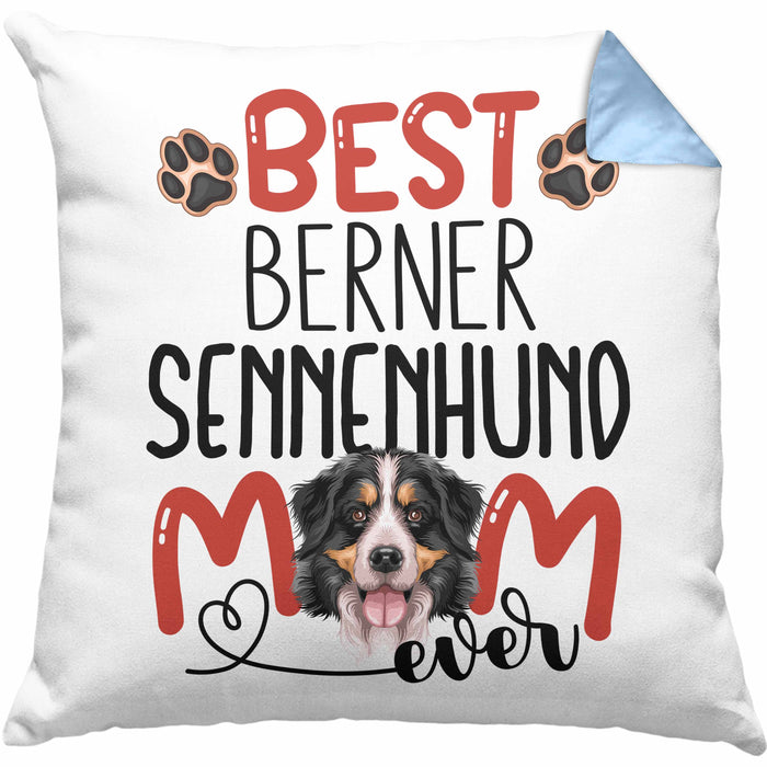 Berner Sennenhund Mom Besitzerin Kissen mit Füllung 40x40 Geschenk Lustiger Spruch Geschenkidee Besitzerin Berner Sennenhund Mama (Grau) Blau Trendation