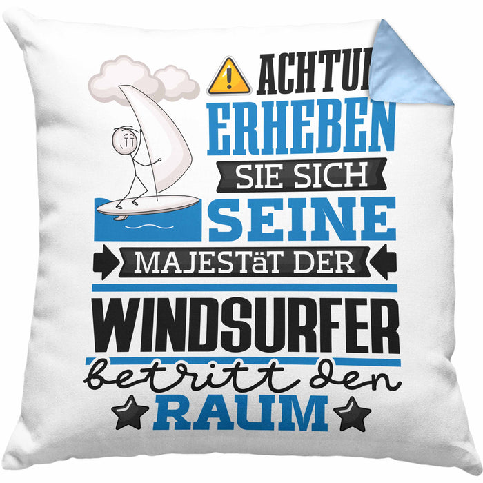Windsurfer Geschenk Kissen mit Füllung 40x40 Lustiger Spruch Erheben Sie Sich Der Windsurfer Betritt den Raum (Grau) Blau Trendation
