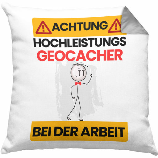 Geocacher Kissen mit Füllung 40x40 Geschenk Lustiger Spruch Geschenkidee für Geocacher Achtung Hochleistungs Geocacher Bei Der Arbeit (Grau) Grau Trendation