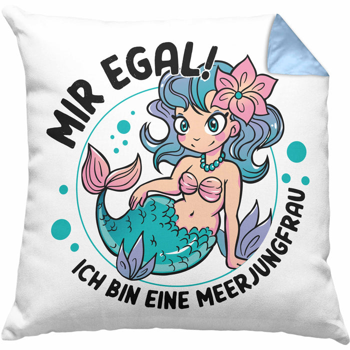 Meerjungfrau Geschenk Kissen mit Füllung 40x40 für Mädchen Nymphe Nixe Grafik Mir Egal Ich Bin Eine Meerjungfrau (Grau) Blau Trendation