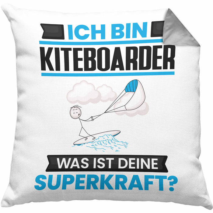 Kiteboarder Kissen mit Füllung 40x40 Geschenk für Kiteboarder Geburtstag Lustiger Spruch Was Ist Deine Superkraft (Grau) Grau Trendation