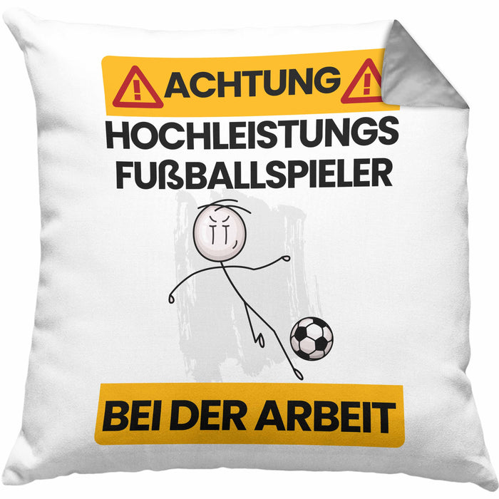 Fußballspieler Kissen mit Füllung 40x40 Geschenk Lustiger Spruch Geschenkidee für Fußballspieler Achtung Hochleistungs Fußballspieler Bei Der Arbeit (Grau) Grau Trendation