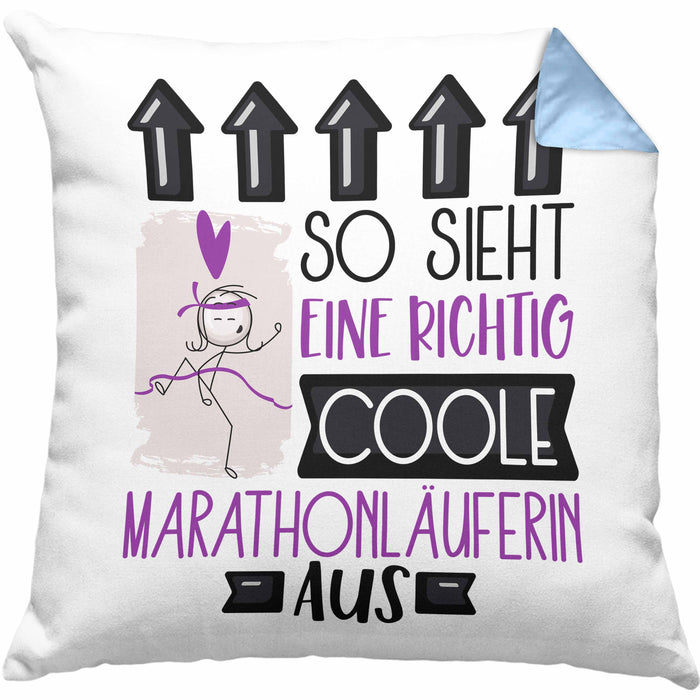 Marathonläuferin Geschenk Kissen mit Füllung 40x40 Lustig Geschenkidee für Marathonläuferin Geburtstag So Sieht Eine Richtig Coole Marathonläuferin Aus Frauen Spruch (Grau) Blau Trendation