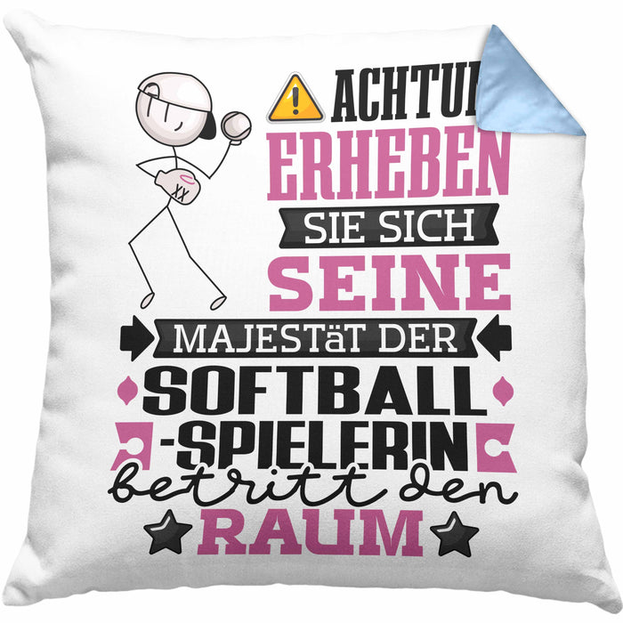 Softballspielerin Geschenk Kissen mit Füllung 40x40 Lustiger Spruch Erheben Sie Sich Der Softballspielerin Betritt den Raum (Grau) Blau Trendation