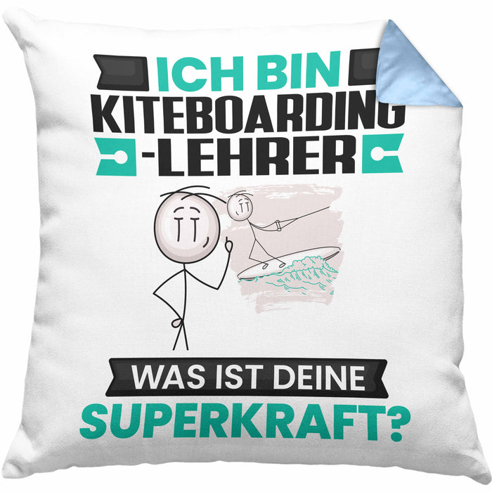 Kiteboarding-Lehrer Kissen mit Füllung 40x40 Geschenk für Kiteboarding-Lehrer Geburtstag Lustiger Spruch Was Ist Deine Superkraft (Grau) Blau Trendation