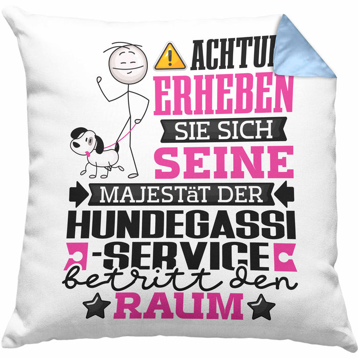 Hundegassi-Service Geschenk Kissen mit Füllung 40x40 Lustiger Spruch Erheben Sie Sich Der Hundegassi-Service Betritt den Raum (Grau) Blau Trendation
