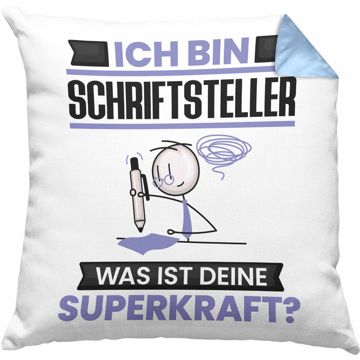 Schriftsteller Kissen mit Füllung 40x40 Geschenk für Schriftsteller Geburtstag Lustiger Spruch Was Ist Deine Superkraft (Grau) Blau Trendation