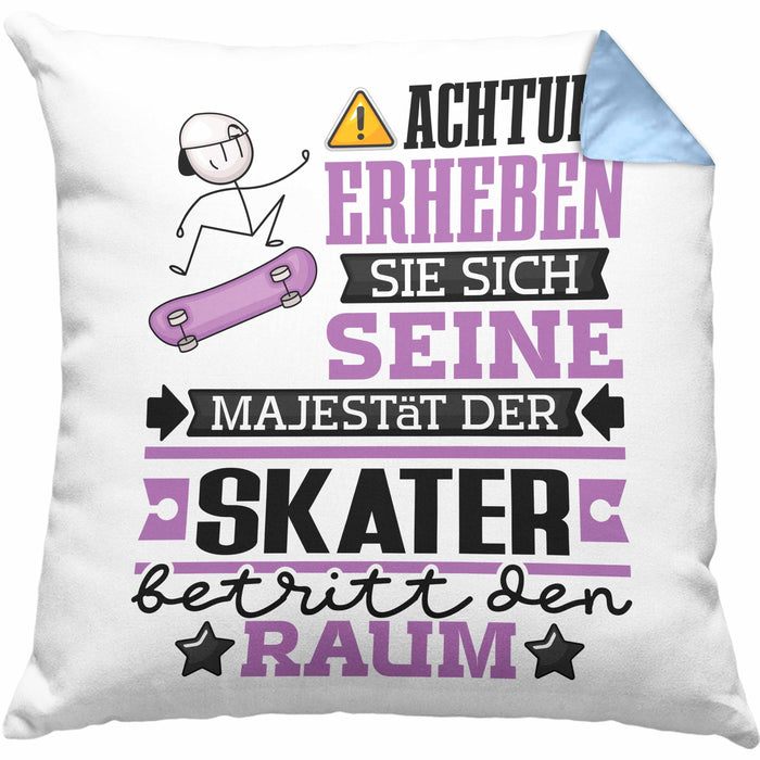 Skater Geschenk Kissen mit Füllung 40x40 Lustiger Spruch Erheben Sie Sich Der Skater Betritt den Raum (Grau) Blau Trendation