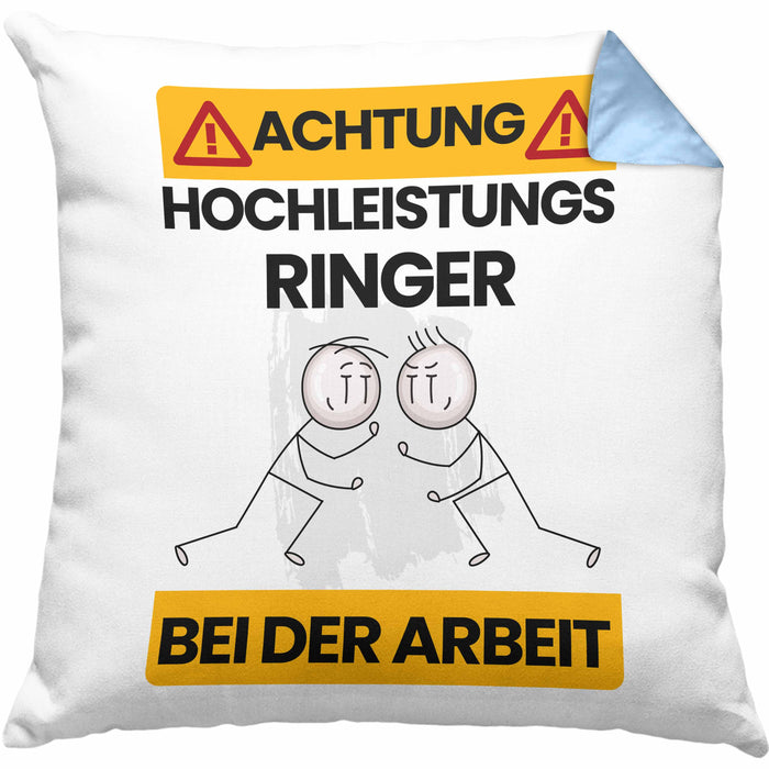 Ringer Kissen mit Füllung 40x40 Geschenk Lustiger Spruch Geschenkidee für Ringer Achtung Hochleistungs Ringer Bei Der Arbeit (Grau) Blau Trendation