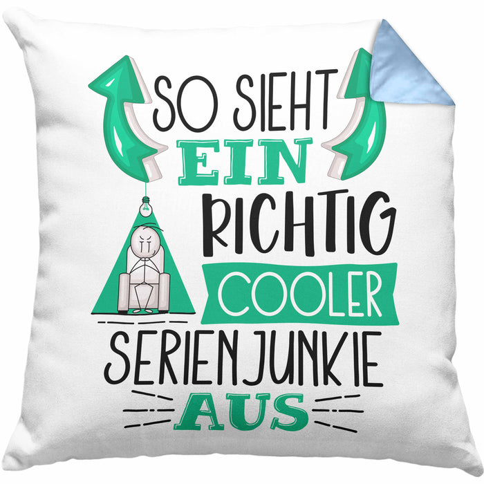 So Sieht Ein Richtig Cooler Serienjunkie Aus Geschenk Kissen mit Füllung 40x40 Lustiger Spruch Geschenkidee (Grau) Blau Trendation