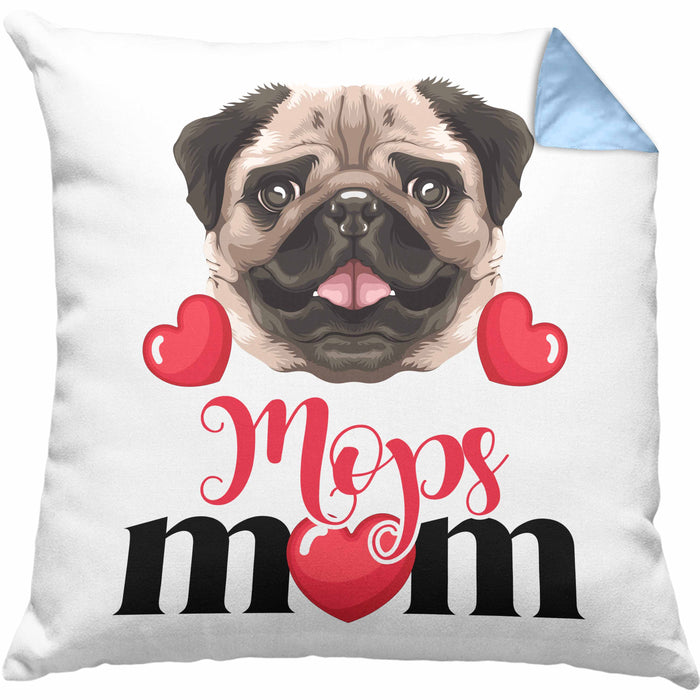 Mops Besitzer Mom Mama Kissen mit Füllung 40x40 Geschenk Lustiger Spruch Geschenkidee Mops Besitzerin (Grau) Blau Trendation