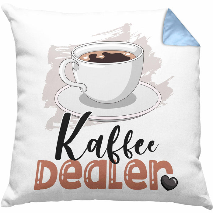 Kaffee Dealer Kissen mit Füllung 40x40 Geschenk für Barista Geburtstag Spruch Geschenkidee Kaffeeverkäufer (Grau) Blau Trendation