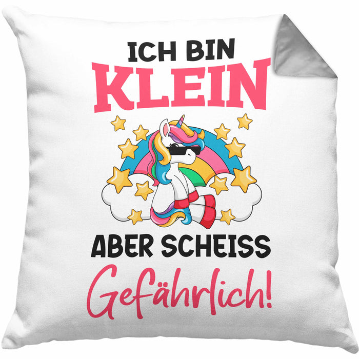 Klein Aber Sch Gefährlich Lustige Einhorn Kissen mit Füllung 40x40 mit Spruch Geschenkidee Einhornfans Sprüche Frauen (Grau) Grau Trendation