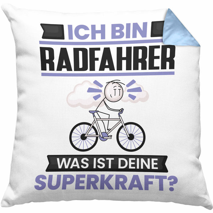 Radfahrer Kissen mit Füllung 40x40 Geschenk für Radfahrer Geburtstag Lustiger Spruch Was Ist Deine Superkraft (Grau) Blau Trendation