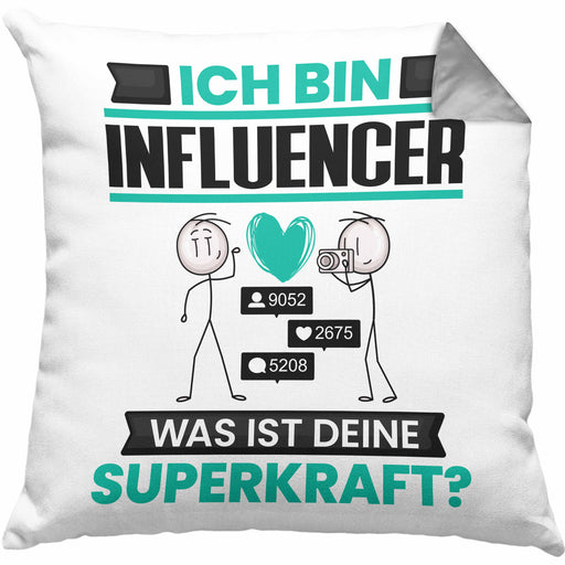 Influencer Kissen mit Füllung 40x40 Geschenk für Influencer Geburtstag Lustiger Spruch Was Ist Deine Superkraft (Grau) Grau Trendation