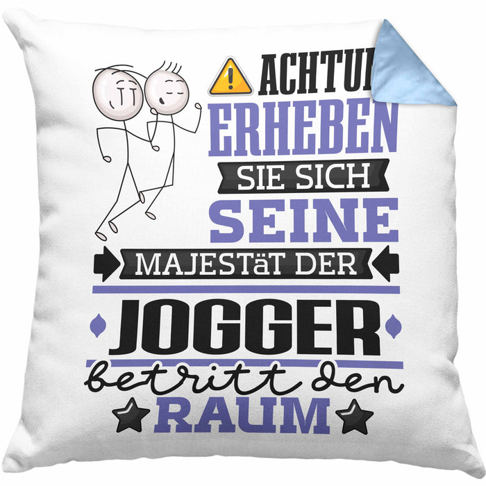 Jogger Geschenk Kissen mit Füllung 40x40 Lustiger Spruch Erheben Sie Sich Der Jogger Betritt den Raum (Grau) Blau Trendation