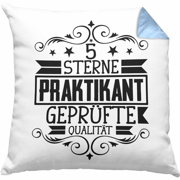 Praktikant Kissen mit Füllung 40x40 Geschenk Lustiger Spruch 5 Sterne Praktikant Geprüfte Qualiät (Grau) Blau Trendation