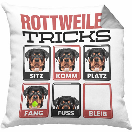 Rottweiler Besitzer Kissen mit Füllung 40x40 Geschenk Lustiger Spruch Geschenkidee Rottweiler Tricks Bleib (Grau) Grau Trendation
