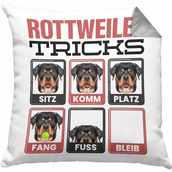 Rottweiler Besitzer Kissen mit Füllung 40x40 Geschenk Lustiger Spruch Geschenkidee Rottweiler Tricks Bleib (Grau) Grau Trendation