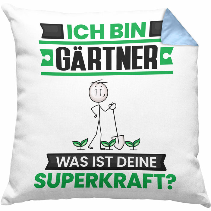 Gärtner Kissen mit Füllung 40x40 Geschenk für Gärtner Geburtstag Lustiger Spruch Was Ist Deine Superkraft (Grau) Blau Trendation
