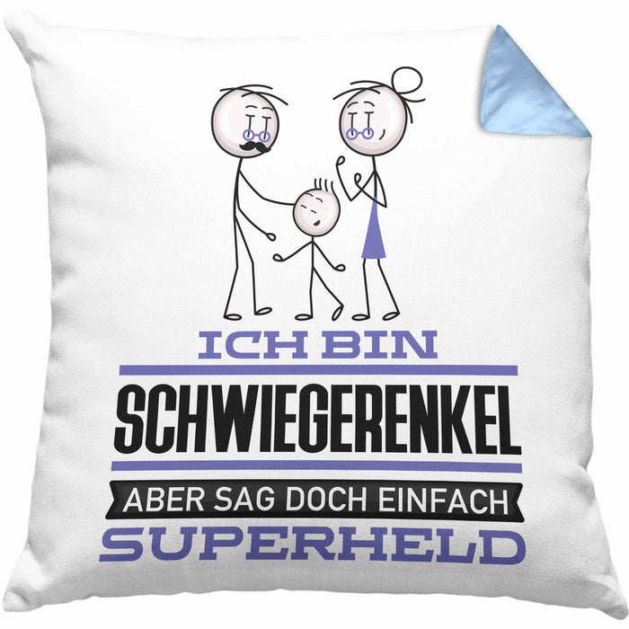 Schwiegerenkel Geschenk Kissen mit Füllung 40x40 Ich Bin Schwiegerenkel Aber Sag Doch Einfach Superheld Lustige Geschenkdiee für Schwiegerenkel (Grau) Blau Trendation