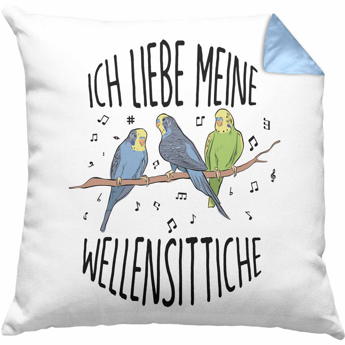 Lustige Wellensittich-Kissen mit Füllung 40x40 Geschenk für Wellensittich-Besitzer Ich Liebe Meine Wellensittiche (Grau) Blau Trendation
