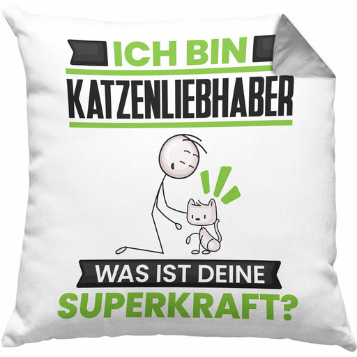 Katzenliebhaber Kissen mit Füllung 40x40 Geschenk für Katzenliebhaber Geburtstag Lustiger Spruch Was Ist Deine Superkraft (Grau) Grau Trendation