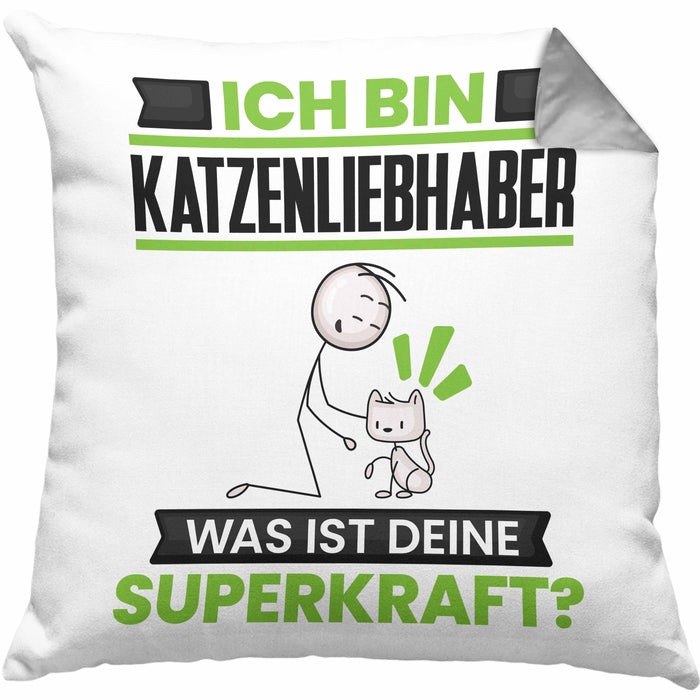 Katzenliebhaber Kissen mit Füllung 40x40 Geschenk für Katzenliebhaber Geburtstag Lustiger Spruch Was Ist Deine Superkraft (Grau) Grau Trendation