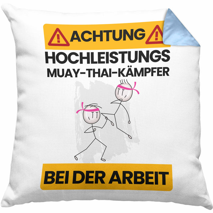 Muay-Thai-Kämpfer Kissen mit Füllung 40x40 Geschenk Lustiger Spruch Geschenkidee für Muay-Thai-Kämpfer Achtung Hochleistungs Muay-Thai-Kämpfer Bei Der Arbeit (Grau) Blau Trendation