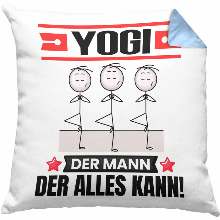 Yogi Kissen mit Füllung 40x40 Geschenk für Yogi Der Mann Der Alles Kann Geschenkidee zum Geburtstag (Grau) Blau Trendation