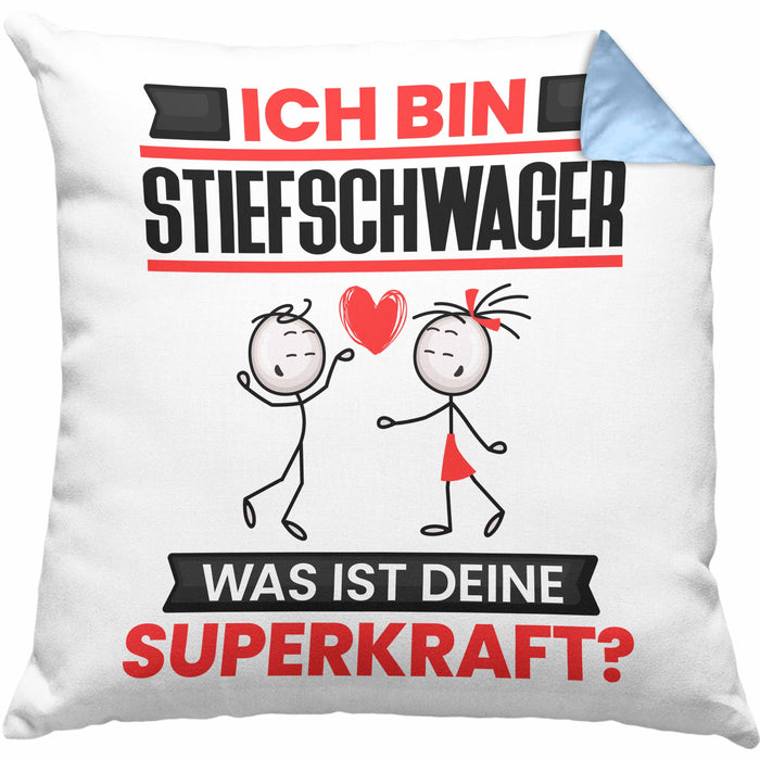 Stiefschwager Kissen mit Füllung 40x40 Geschenk für Stiefschwager Geburtstag Lustiger Spruch Was Ist Deine Superkraft (Grau) Blau Trendation